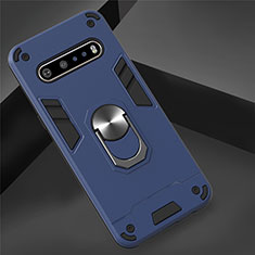 Silicone Matte Finish and Plastic Back Cover Case with Magnetic Finger Ring Stand for LG V60 ThinQ 5G Blue