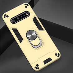 Silicone Matte Finish and Plastic Back Cover Case with Magnetic Finger Ring Stand for LG V60 ThinQ 5G Gold