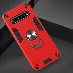Silicone Matte Finish and Plastic Back Cover Case with Magnetic Finger Ring Stand for LG V60 ThinQ 5G Red