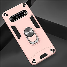 Silicone Matte Finish and Plastic Back Cover Case with Magnetic Finger Ring Stand for LG V60 ThinQ 5G Rose Gold