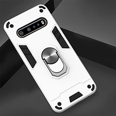 Silicone Matte Finish and Plastic Back Cover Case with Magnetic Finger Ring Stand for LG V60 ThinQ 5G White