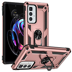 Silicone Matte Finish and Plastic Back Cover Case with Magnetic Finger Ring Stand for Motorola Moto Edge 20 Pro 5G Rose Gold