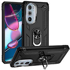 Silicone Matte Finish and Plastic Back Cover Case with Magnetic Finger Ring Stand for Motorola Moto Edge 30 Pro 5G Black