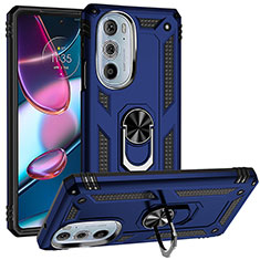 Silicone Matte Finish and Plastic Back Cover Case with Magnetic Finger Ring Stand for Motorola Moto Edge 30 Pro 5G Blue