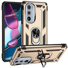 Silicone Matte Finish and Plastic Back Cover Case with Magnetic Finger Ring Stand for Motorola Moto Edge 30 Pro 5G Gold