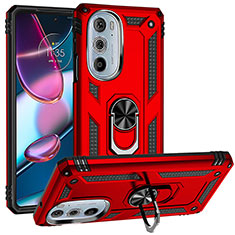 Silicone Matte Finish and Plastic Back Cover Case with Magnetic Finger Ring Stand for Motorola Moto Edge 30 Pro 5G Red