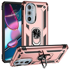 Silicone Matte Finish and Plastic Back Cover Case with Magnetic Finger Ring Stand for Motorola Moto Edge 30 Pro 5G Rose Gold