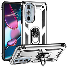 Silicone Matte Finish and Plastic Back Cover Case with Magnetic Finger Ring Stand for Motorola Moto Edge 30 Pro 5G Silver