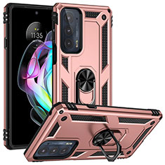 Silicone Matte Finish and Plastic Back Cover Case with Magnetic Finger Ring Stand for Motorola Moto Edge Lite 5G Rose Gold