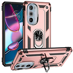 Silicone Matte Finish and Plastic Back Cover Case with Magnetic Finger Ring Stand for Motorola Moto Edge Plus (2022) 5G Rose Gold