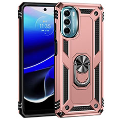 Silicone Matte Finish and Plastic Back Cover Case with Magnetic Finger Ring Stand for Motorola Moto G 5G (2022) Rose Gold