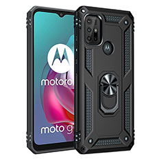 Silicone Matte Finish and Plastic Back Cover Case with Magnetic Finger Ring Stand for Motorola Moto G10 Black