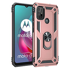 Silicone Matte Finish and Plastic Back Cover Case with Magnetic Finger Ring Stand for Motorola Moto G10 Power Rose Gold