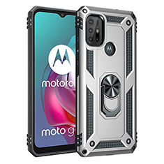 Silicone Matte Finish and Plastic Back Cover Case with Magnetic Finger Ring Stand for Motorola Moto G10 Power Silver