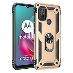Silicone Matte Finish and Plastic Back Cover Case with Magnetic Finger Ring Stand for Motorola Moto G30 Gold
