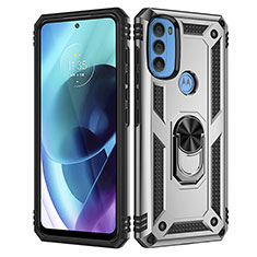 Silicone Matte Finish and Plastic Back Cover Case with Magnetic Finger Ring Stand for Motorola Moto G71 5G Silver