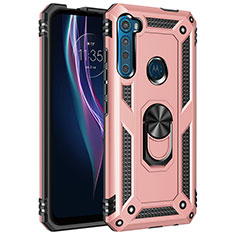 Silicone Matte Finish and Plastic Back Cover Case with Magnetic Finger Ring Stand for Motorola Moto One Fusion Plus Rose Gold