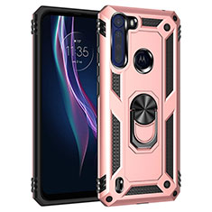 Silicone Matte Finish and Plastic Back Cover Case with Magnetic Finger Ring Stand for Motorola Moto One Fusion Rose Gold