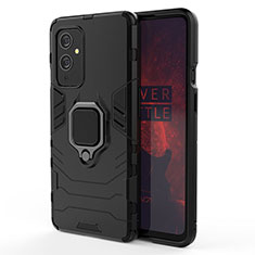 Silicone Matte Finish and Plastic Back Cover Case with Magnetic Finger Ring Stand for OnePlus 9 5G Black