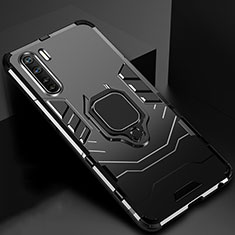 Silicone Matte Finish and Plastic Back Cover Case with Magnetic Finger Ring Stand for Oppo A91 Black