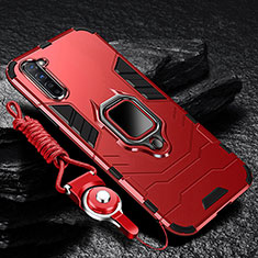 Silicone Matte Finish and Plastic Back Cover Case with Magnetic Finger Ring Stand for Oppo F15 Red