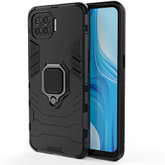 Silicone Matte Finish and Plastic Back Cover Case with Magnetic Finger Ring Stand for Oppo F17 Pro Black