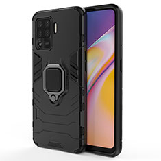 Silicone Matte Finish and Plastic Back Cover Case with Magnetic Finger Ring Stand for Oppo F19 Pro Black