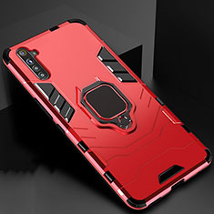 Silicone Matte Finish and Plastic Back Cover Case with Magnetic Finger Ring Stand for Oppo K5 Red