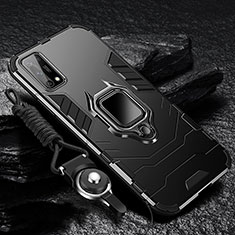 Silicone Matte Finish and Plastic Back Cover Case with Magnetic Finger Ring Stand for Oppo K7x 5G Black