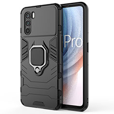 Silicone Matte Finish and Plastic Back Cover Case with Magnetic Finger Ring Stand for Oppo K9 Pro 5G Black