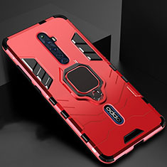 Silicone Matte Finish and Plastic Back Cover Case with Magnetic Finger Ring Stand for Oppo Reno2 Z Red