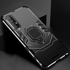 Silicone Matte Finish and Plastic Back Cover Case with Magnetic Finger Ring Stand for Oppo Reno3 Pro Black