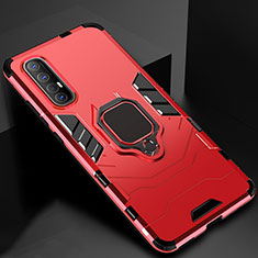 Silicone Matte Finish and Plastic Back Cover Case with Magnetic Finger Ring Stand for Oppo Reno3 Pro Red