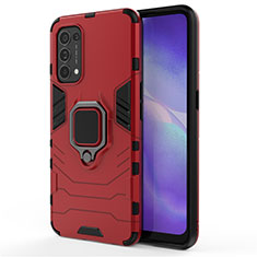 Silicone Matte Finish and Plastic Back Cover Case with Magnetic Finger Ring Stand for Oppo Reno5 5G Red
