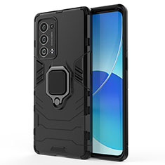 Silicone Matte Finish and Plastic Back Cover Case with Magnetic Finger Ring Stand for Oppo Reno6 Pro 5G Black