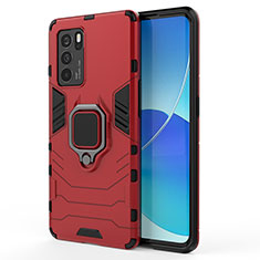 Silicone Matte Finish and Plastic Back Cover Case with Magnetic Finger Ring Stand for Oppo Reno6 Pro 5G India Red