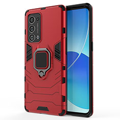Silicone Matte Finish and Plastic Back Cover Case with Magnetic Finger Ring Stand for Oppo Reno6 Pro 5G Red