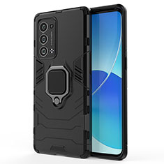 Silicone Matte Finish and Plastic Back Cover Case with Magnetic Finger Ring Stand for Oppo Reno6 Pro+ Plus 5G Black