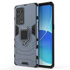 Silicone Matte Finish and Plastic Back Cover Case with Magnetic Finger Ring Stand for Oppo Reno6 Pro+ Plus 5G Blue