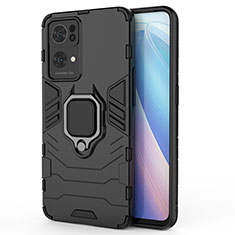 Silicone Matte Finish and Plastic Back Cover Case with Magnetic Finger Ring Stand for Oppo Reno7 Pro 5G Black