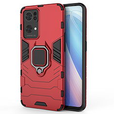 Silicone Matte Finish and Plastic Back Cover Case with Magnetic Finger Ring Stand for Oppo Reno7 Pro 5G Red