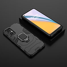 Silicone Matte Finish and Plastic Back Cover Case with Magnetic Finger Ring Stand for Oppo Reno7 Z 5G Black