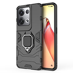 Silicone Matte Finish and Plastic Back Cover Case with Magnetic Finger Ring Stand for Oppo Reno9 Pro+ Plus 5G Black