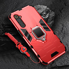 Silicone Matte Finish and Plastic Back Cover Case with Magnetic Finger Ring Stand for Realme 6s Red