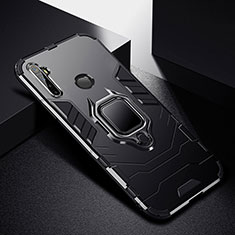 Silicone Matte Finish and Plastic Back Cover Case with Magnetic Finger Ring Stand for Realme Q Black