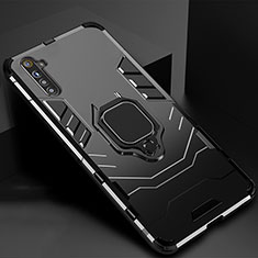 Silicone Matte Finish and Plastic Back Cover Case with Magnetic Finger Ring Stand for Realme X2 Black