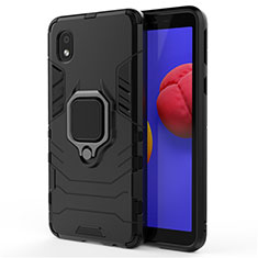 Silicone Matte Finish and Plastic Back Cover Case with Magnetic Finger Ring Stand for Samsung Galaxy A01 Core Black