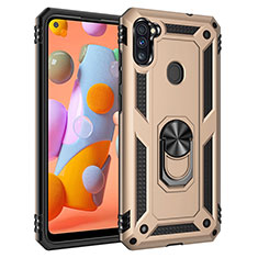 Silicone Matte Finish and Plastic Back Cover Case with Magnetic Finger Ring Stand for Samsung Galaxy A11 Gold