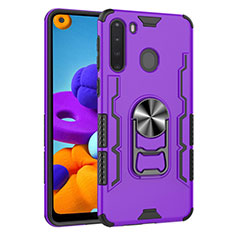 Silicone Matte Finish and Plastic Back Cover Case with Magnetic Finger Ring Stand for Samsung Galaxy A21 Purple