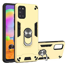 Silicone Matte Finish and Plastic Back Cover Case with Magnetic Finger Ring Stand for Samsung Galaxy A31 Gold
